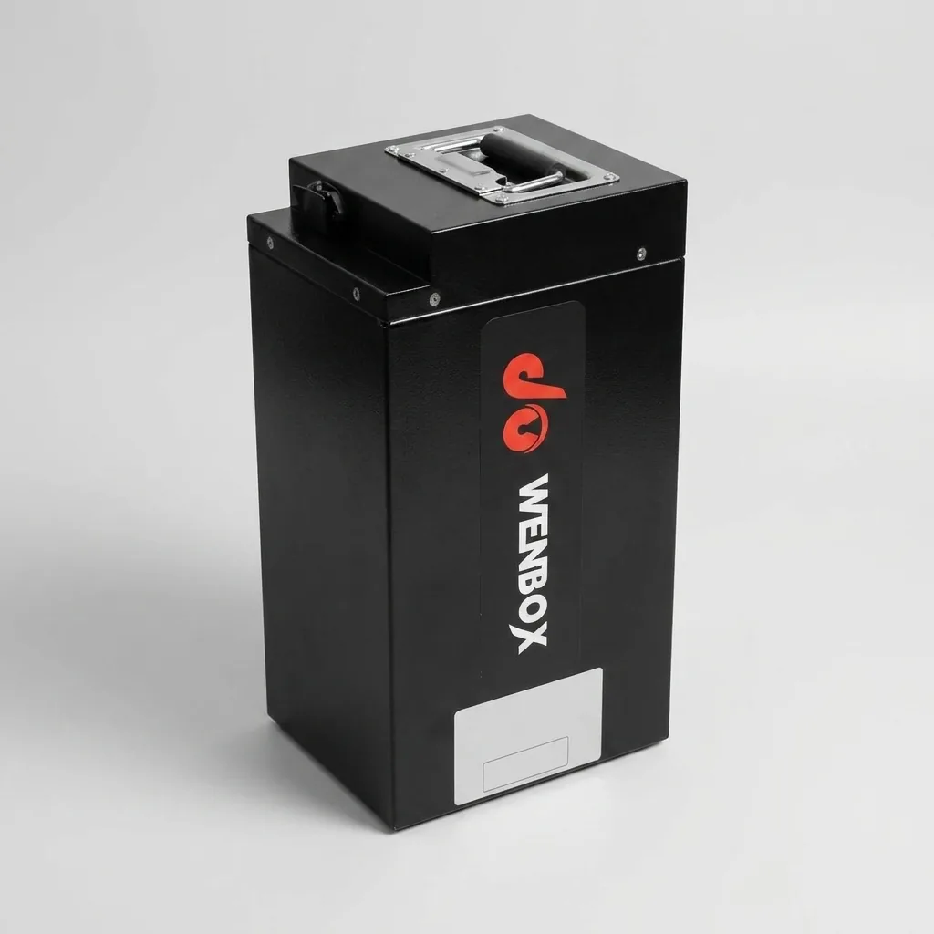 Аккумуляторная батарея Wenbox в чёрном корпусе с фирменной наклейкой и ручкой на крышке